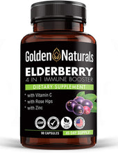 Golden Naturals Organic Black Elderberry Extract (Sambucus Nigra) 1000mg 4 in 1 Immune Booster, with Vitamin C, Rose Hips and Zinc, 90 Capsules, Powerful...
