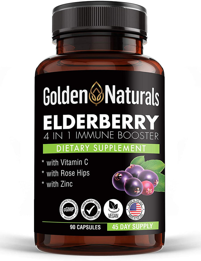 Golden Naturals Organic Black Elderberry Extract (Sambucus Nigra) 1000mg 4 in 1 Immune Booster, with Vitamin C, Rose Hips and Zinc, 90 Capsules, Powerful...